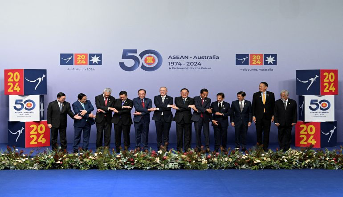 Australia's Prime Minister and the leaders of ASEAN member states and East Timor pose for a family photo at the ASEAN-Australia Special Summit, in Melbourne on March 5, 2024 [File: Reuteres/Jaimi Joy]