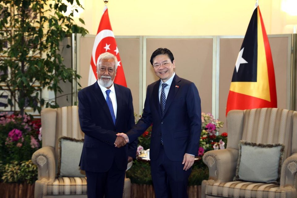 Primeiru Ministru Timor-Leste Xanana Gusmao hasoru Primeiru Ministru Lawrence Wong iha loron 14 fulan Jullu.FOTO: LIANHE ZAOBAO
